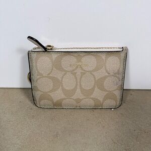 Coach Signature Canvas Zip Coin Purse Key Ring Wallet Tan Beige Gold
